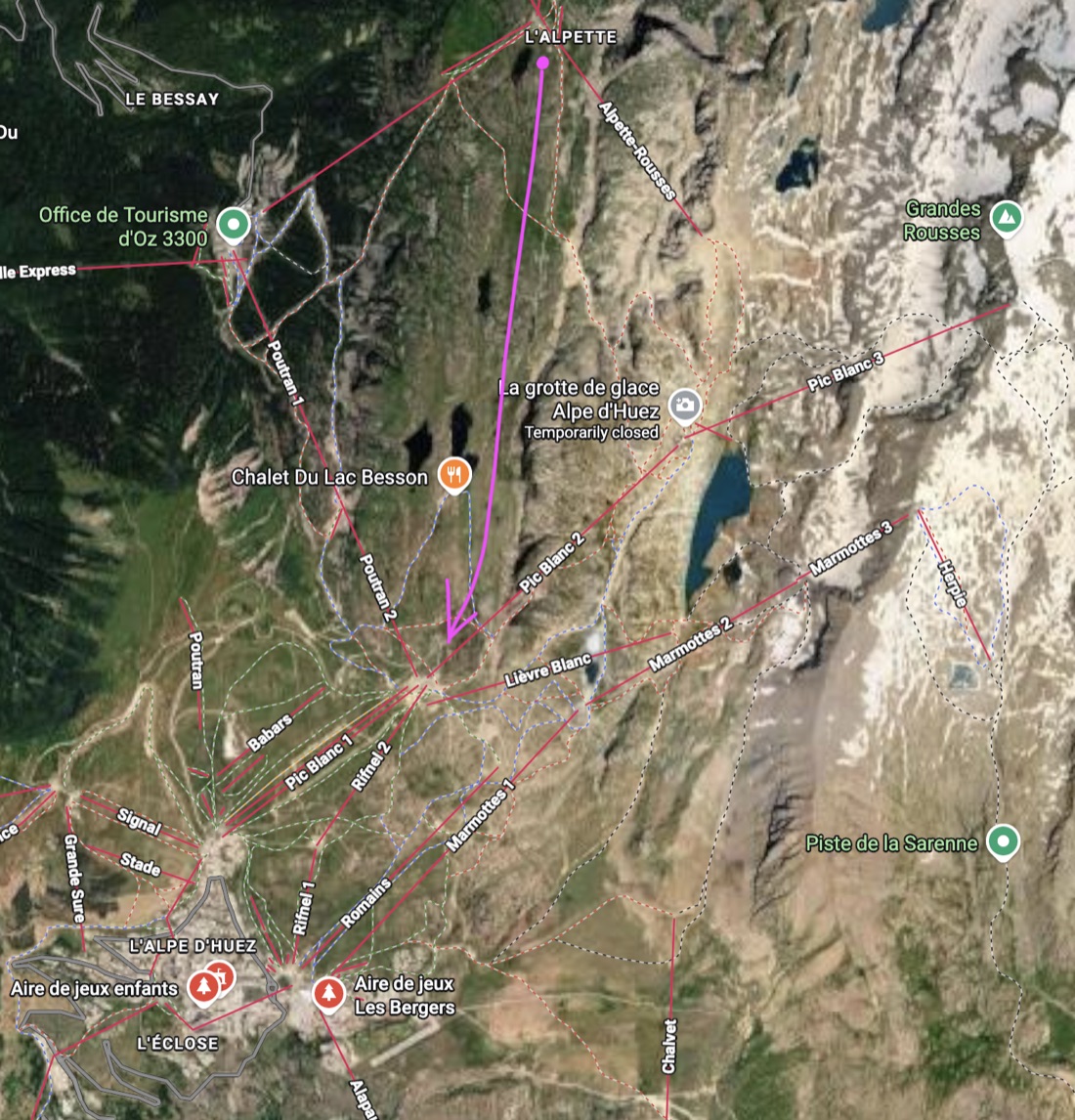 The Sentier des Lacs route from L'Alpette down towards Alpe d'Huez
